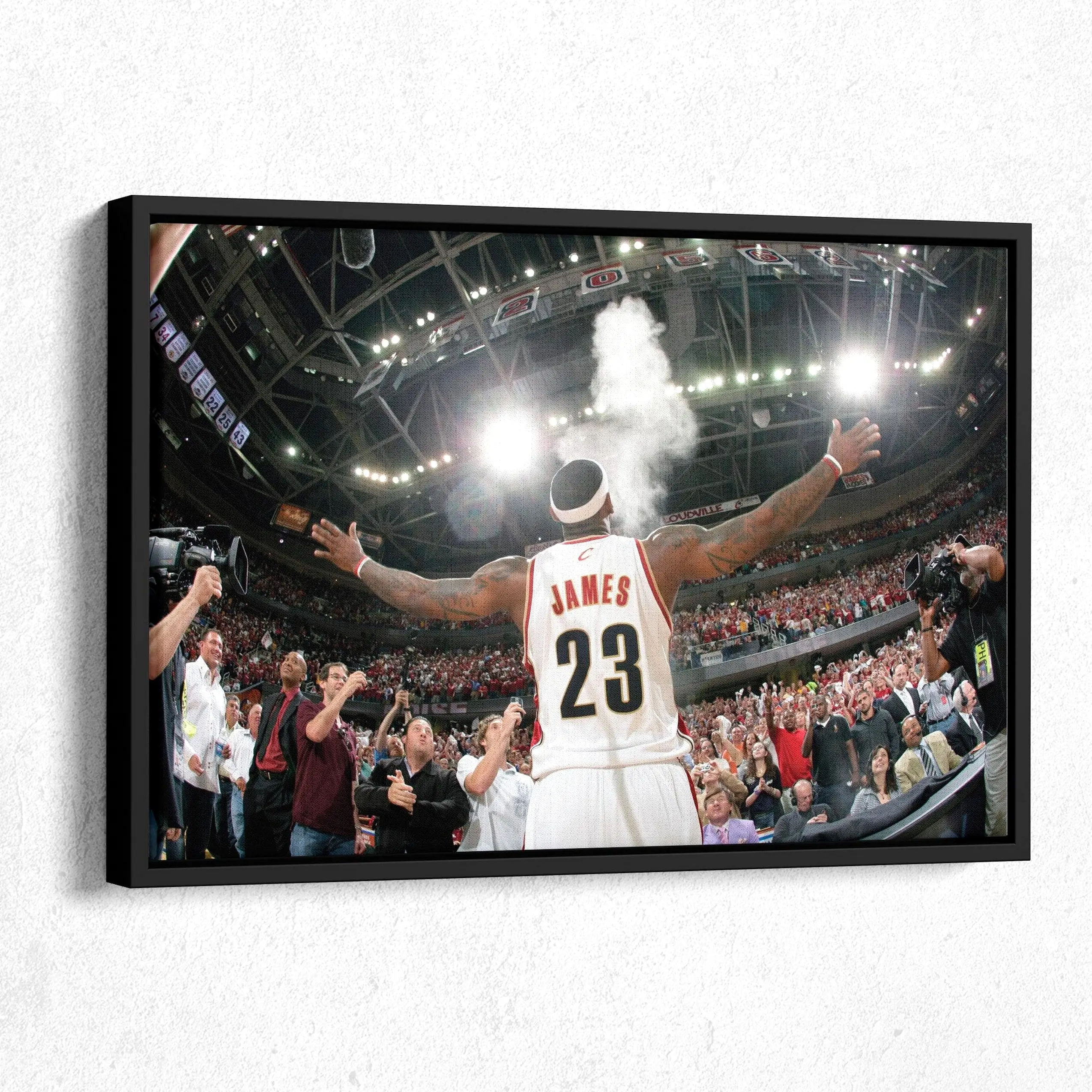 New LeBron James Facing Crowd Cleveland Cavaliers Basketball Canvas Poster, Handmade Retro Minimalist Art, Ready-to-Hang Room Accessory, Customizable Sports Collectible Print