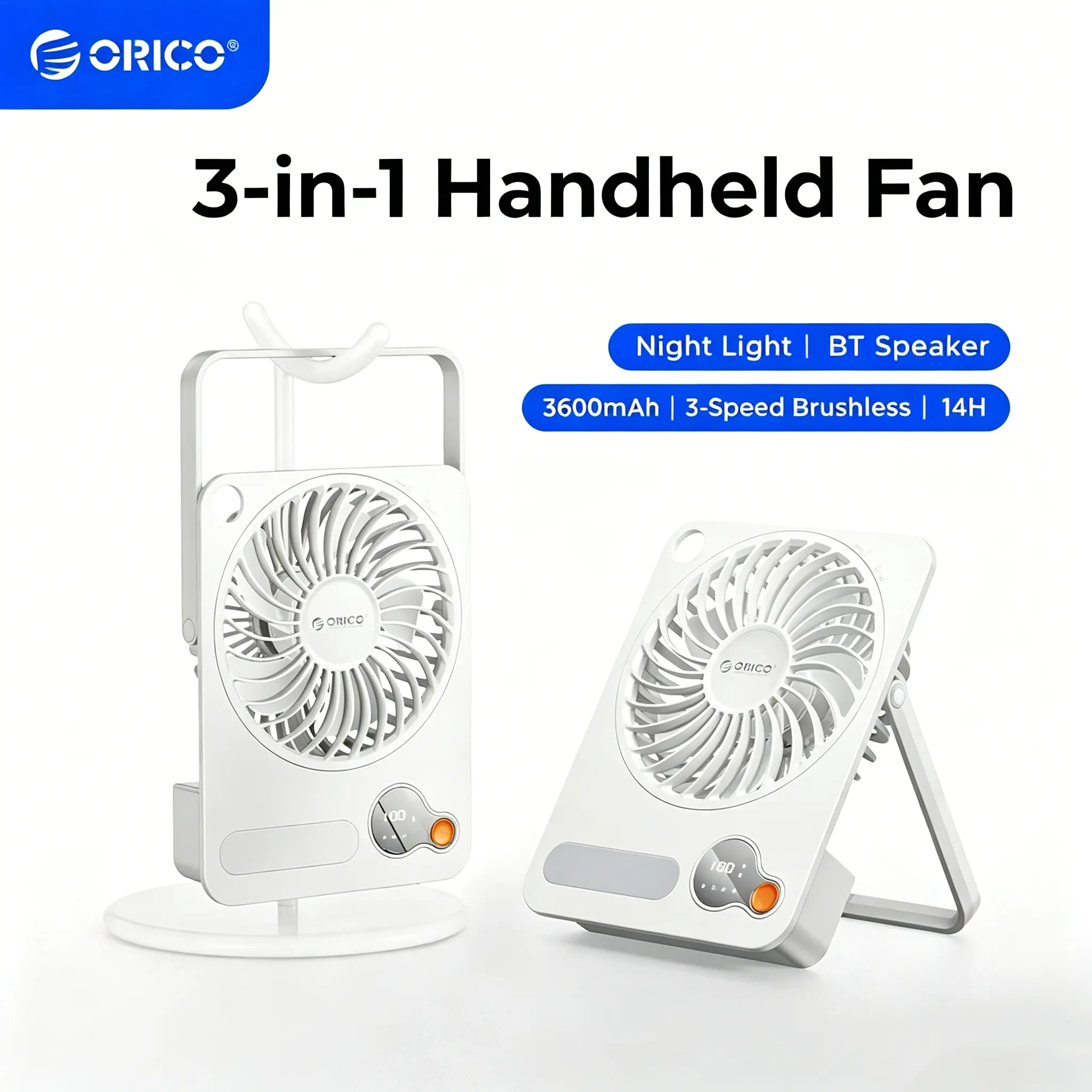 ORICO Desktop & Wall Mountable Fan, 3600mAh Rechargeable, 14-Hour Runtime, 3-Speed Brushless, Digital Display, Quiet, Handheld Fan, Type-C Powered,  Night Light & Bluetooth Optional Gift-dFan
