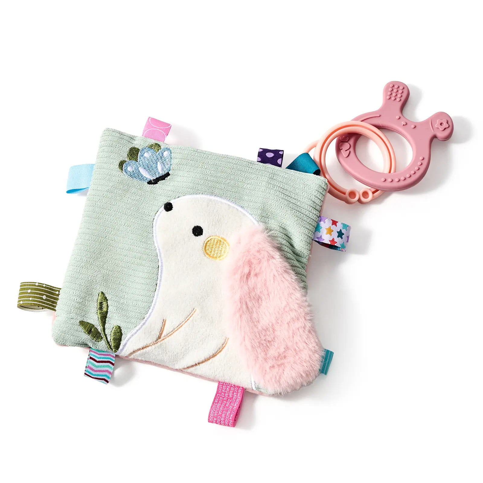 Bunny Theme Soft Stuffed Teether Lovey Blanket Toy - BPA-Free, Pull-Resistant Sensory Security Blanket with Ribbons, Beads for Colorful Sight, Crinkle, Rattle, Reinforced Stitching, Cloud Panel, Travel Size for 3-16M Infants, Newborn Shower Gift, Unisex