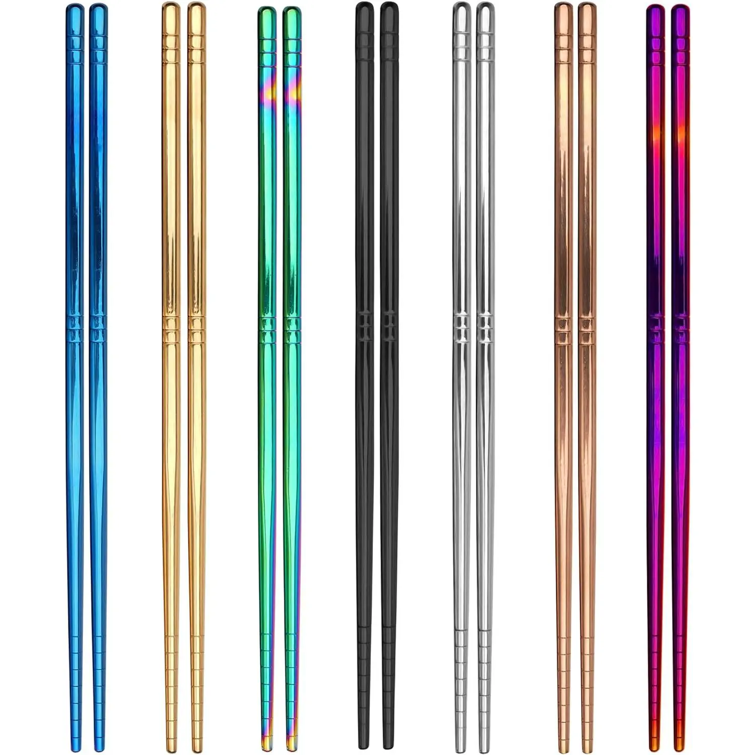 7 Pairs Metal Chopsticks, Reusable Stainless Steel Chopsticks, 13 Rings Pattern Non-slip Dishwasher Safe Chop Sticks, Square Lightweight Chopsticks, 8.9 Inches