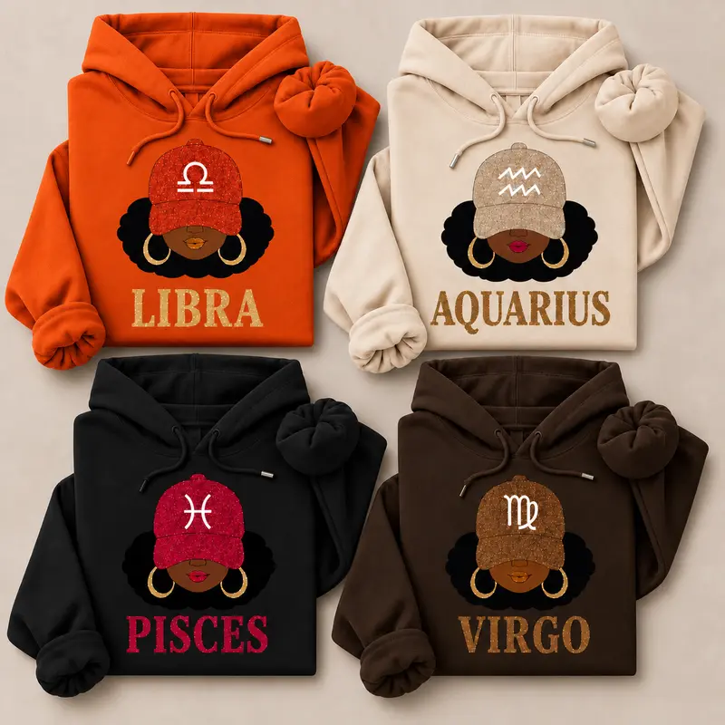All 12 Zodiac Slay Girl Graphic Hoodie, Afro Zodiac Sign Hooded Sweatshirt, Cozy Horoscope Graphic Pullover, Perfect Gift for Zodiac Lovers