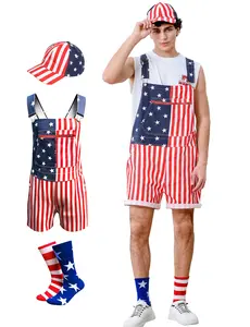 OeyFnbmO 4th of July 4-Piece Patriotic Outfit, American Flag Print Bib Overalls Shorts with Matching Flag Hat, Sunglasses & Socks, Adjustable Summer Casual Romper for Men, Perfect for Independence Day, Memorial Day & Holiday Party