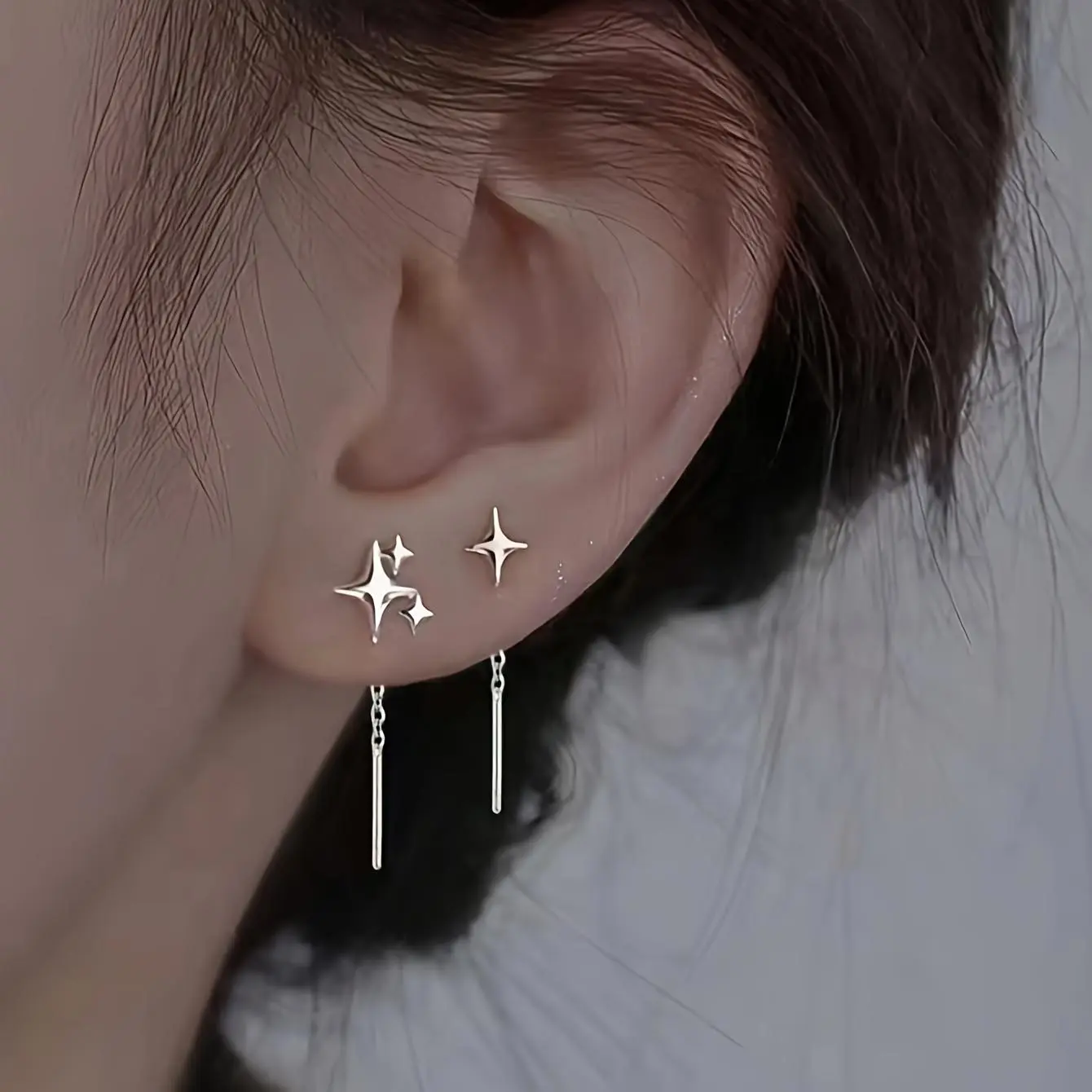 Elegant Copper Helix Piercing Earrings for Female, Polaris Chain-Attached with Dangling Star and Cross Charms, Engagement, Fashion, Chain And Charm Decorations Earrings