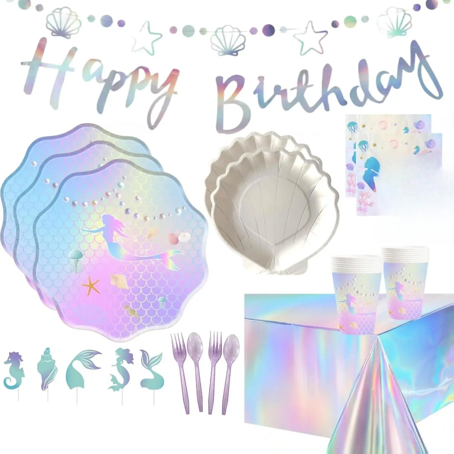 Pixie Party Shop Mermaid Birthday Decorations Iridescent Laser Foil Set of 16 Includes Dinner Plates Dessert Plates Napkins Cups Forks Spoons Tablecloth Banners Cake Toppers for Mermaid Themed Parties