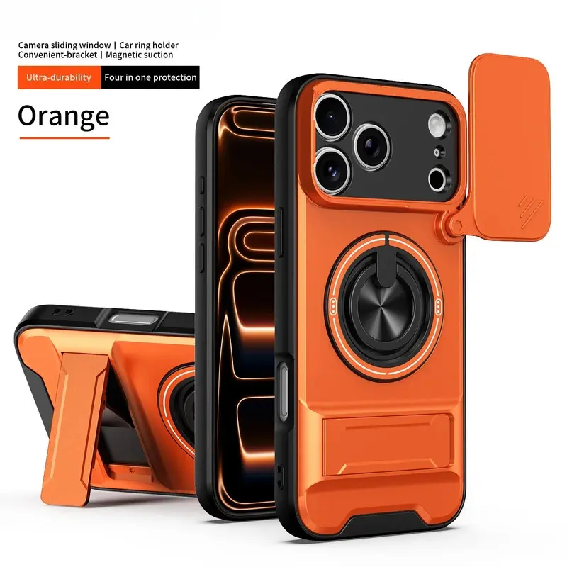 Luxury TPU Non-Woven Smartphone Cellphone Handheld Case - 360-Degree Rotating Magnetic Ring Holder, Lens Slide, Camera Kickstand Cover, Phone Accessories for iPhone 17Air,17,16E,16,15,14,13,12,11 Pro Max,Plus