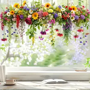 Decorative Static Glass Sticker, Rustic Style Pattern, Hanging Orchids and Chrysanthemums, Removable PVC Colorful Window Film