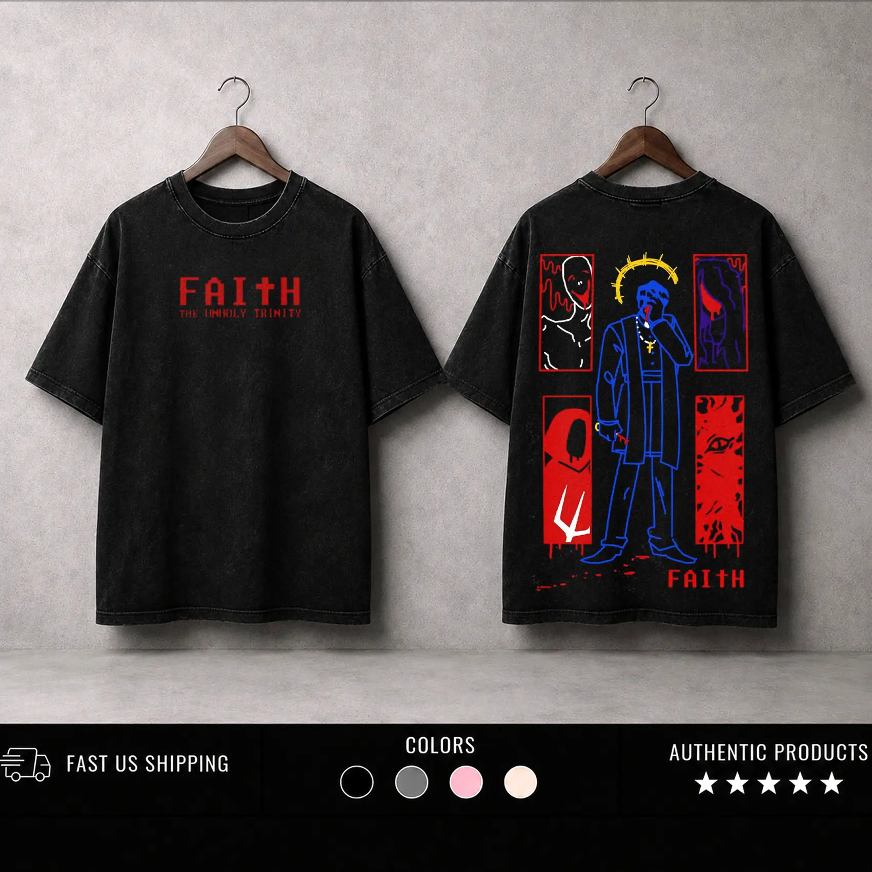 FAITH The Unholy Trinity Horror Game Vintage Washed Tee Unisex Heavyweight Cotton T-Shirt,Sweatshirt, Hoodie Menswear Streetwear Top, Men Gift Comfort Color Good Graphic Shirt Fabric Seamless