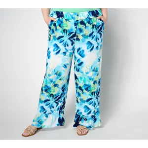 Denim & Co. Beach Petite Woven Crepe Ruffled Hem Beach Pant