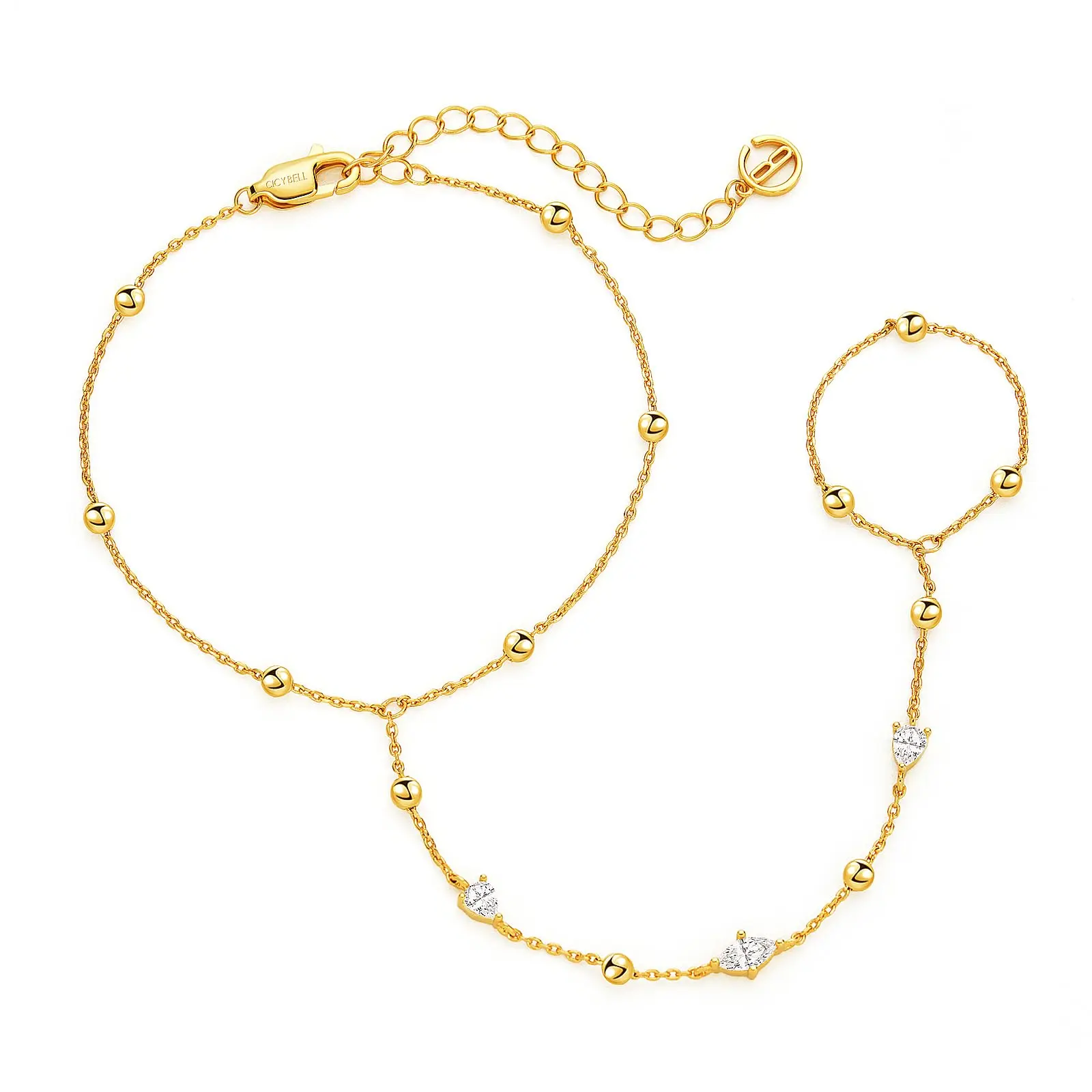Cicy Bell Hand Chain 18k Gold Plated Bracelet for Women Trendy Teardrop Cubic Zirconia Adjustable Finger Ring Dainty Jewelry Gifts