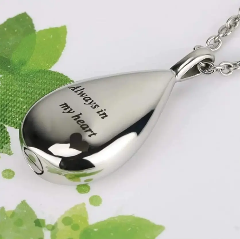 Elegant Stainless Steel "Always in my Heart" Teardrop Cremation Keepsake Pendant Necklace