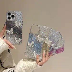 Butterfly Glitter Phone Case For iPhone 11 12 13 14 15 16 Pro Max/Pro/Plus, Clear Protective Cover with Stars Design Women Girls