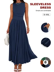 2026 Blogger Style Sleeveless Waist-Cropped Dress, Spring Fall Round Neck Slim Fit Long Skirt, Slimming Versatile Leg-Lengthening Casual Dress maxi dress  romper summer outfits
