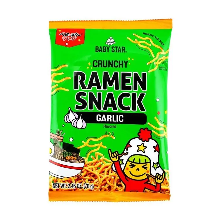 Baby Star Garlic Tiny Ramen Snack Bundle - 4 Packs, 70g Crispy Puffed Snacks, Ready-to-Eat, Contains MSG, Ideal for Room-Temp On-the-Go Enjoyment, Four Packs