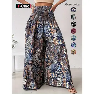 Women's Ethnic Pattern Shirred Waist Wide Leg Pants, Boho Bohemian Casual High Waist Trousers for Daily Holiday Vacation Wear, Ladies Bottoms for All Seasons