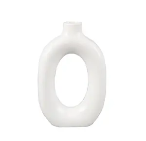 Circular Ceramic Donut Vase, 8", White