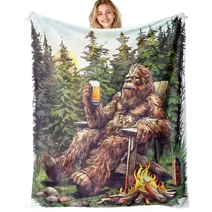 Bigfoot Camping Drinking Pattern Flannel Blanket, Soft Warm Portable Throw Blanket for Sofa Bed Travel Office, Cozy Lightweight Home Decor Gift, Flannel Throw Blankets