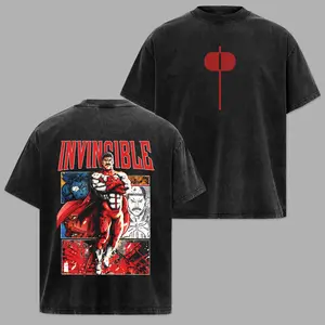Edition Nolan Grayson Omni-Man Invincible War Superhero Comics Double Print Lightweight Acid Washed Oversize Seamless Fabric Apparel, Men's Short-Sleeve Graphic Cotton Streetwear T-Shirt grey tshirt