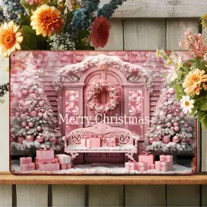 Charming Pink Christmas Tree & Window Metal Sign - Vintage Style 2D Wall Art for Home & Garden Decor | Ideal Housewarming or Holiday Gift, Perfect for Room Decor