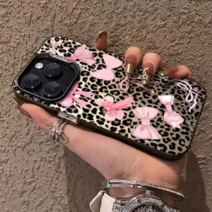 Phone Case: Phone Case - One Pink Bow Leopard Print Phone Case for Apple iPhone 11 Through 17, Including PRO MAX, X, XR, And 7, 8 Plus. It's Made Of, Shockproof, And Features a Vintage Girlish Design. A Perfect Gift for a Partner Or Friends Imitation