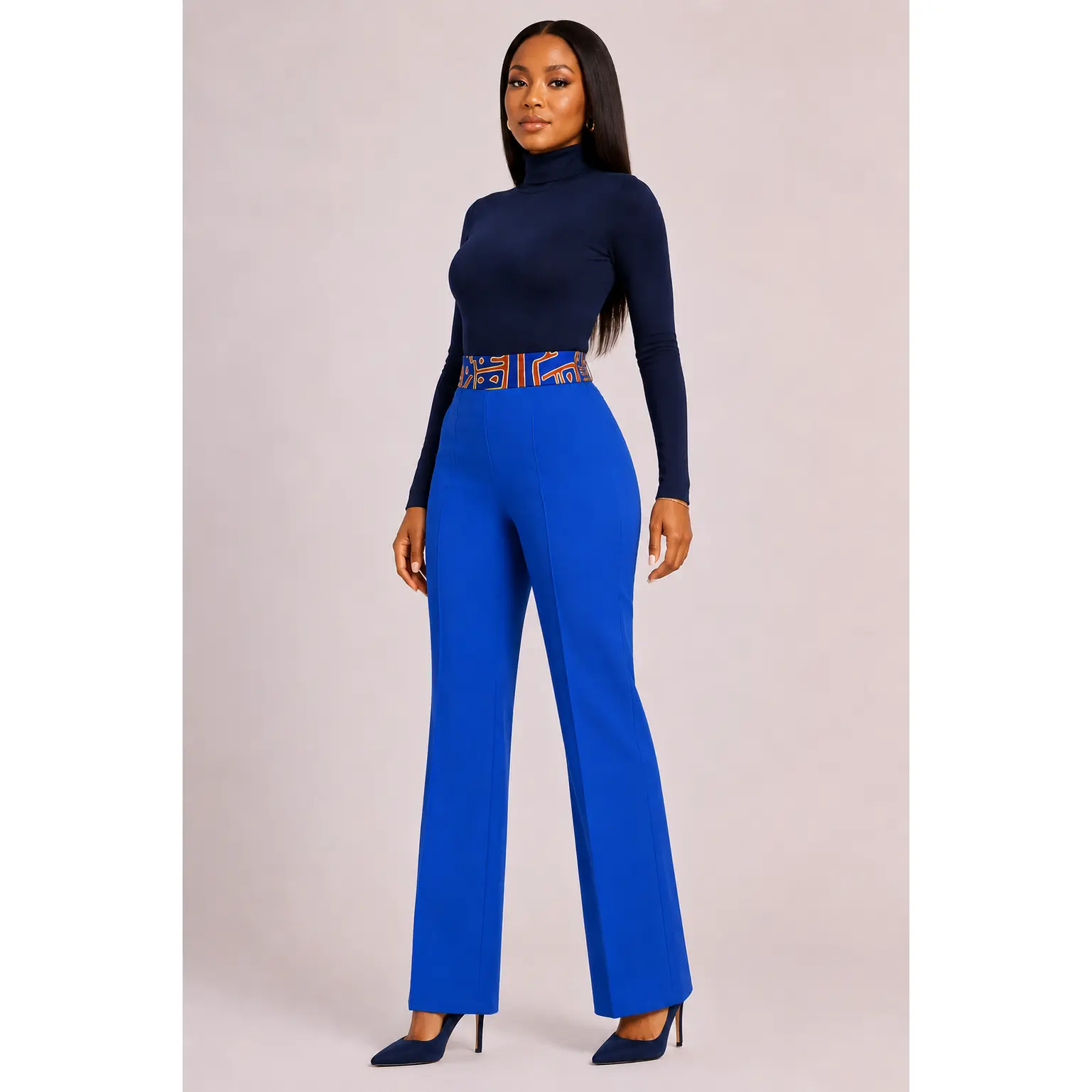Royal Blue Flare Pants Women High Waist Ankara Waistband Crepe Trousers Bootcut Wide Leg Work Office Smart Casual Pants