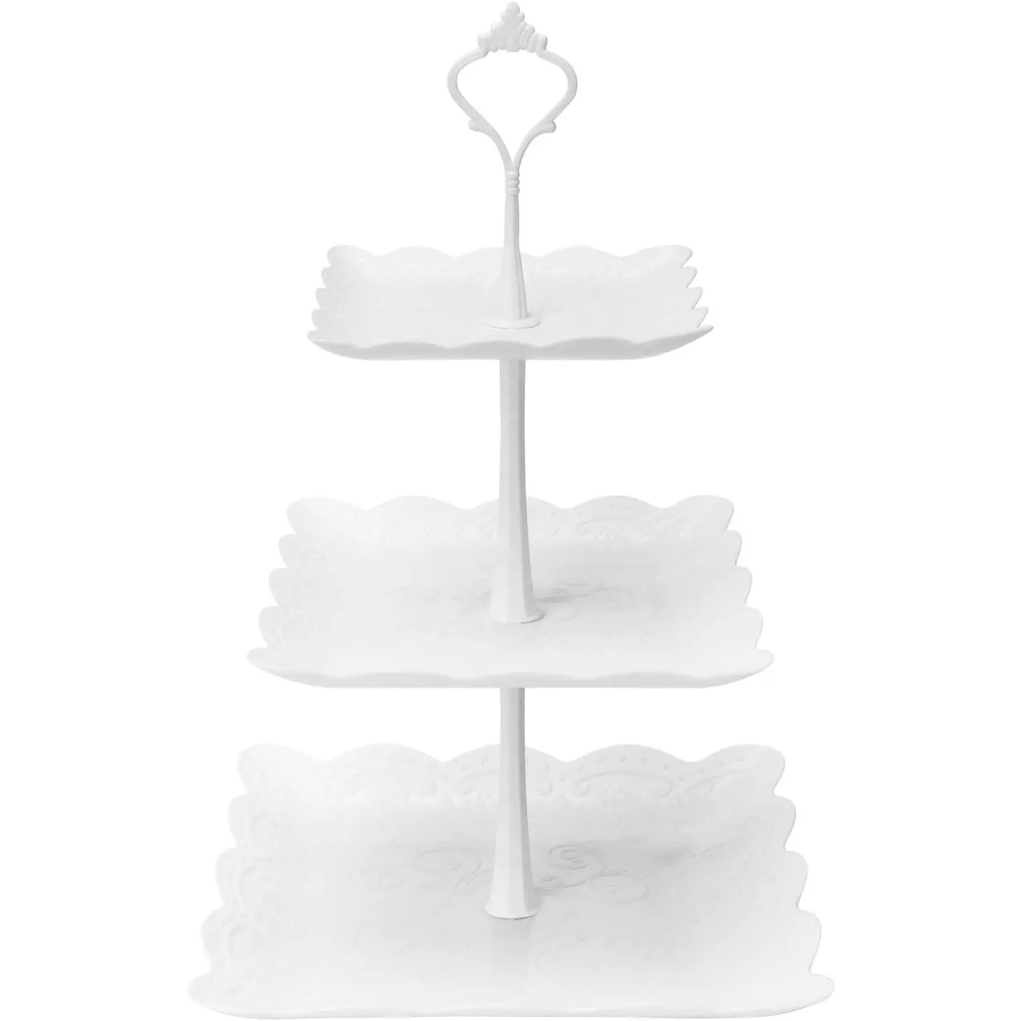 Sturdy 3-Tier Square White Plastic Cupcake Stand - Food Grade, Washable, Easy-Assembly Party Treat Dessert Tray with Wavy Edges, Flower Pattern, 5.7in(14.5cm) Top Tray, 14.5in(37cm) Total Height for Tea Party, Wedding Decor