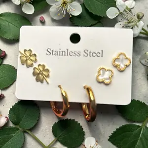 White Clover Earring Set in Stainless Steel with Gold Accents for Everyday Wear