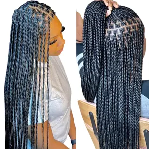 Basic Style Synthetic Full Lace Wig 30 Inch Hand Crochet Braided Wig Braided Wigs for African Women High-Quality Knotless Box Braids in Black for Stylish Looks and Versatile Use
