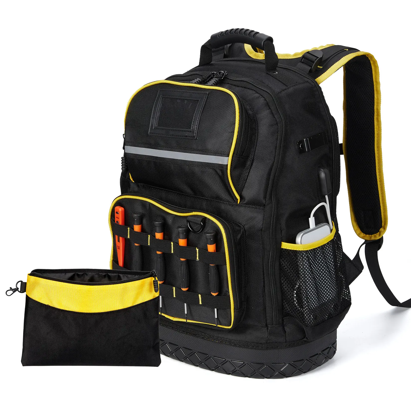 18-Inch Heavy-Duty Oxford Cloth Tool Backpack, Water-Resistant Organizer with Hard Bottom Design, Multiple Pockets, Slots, Adjustable Shoulder Straps, Padded Laptop Sleeve, Tool Pouch for Electricians, Workshops