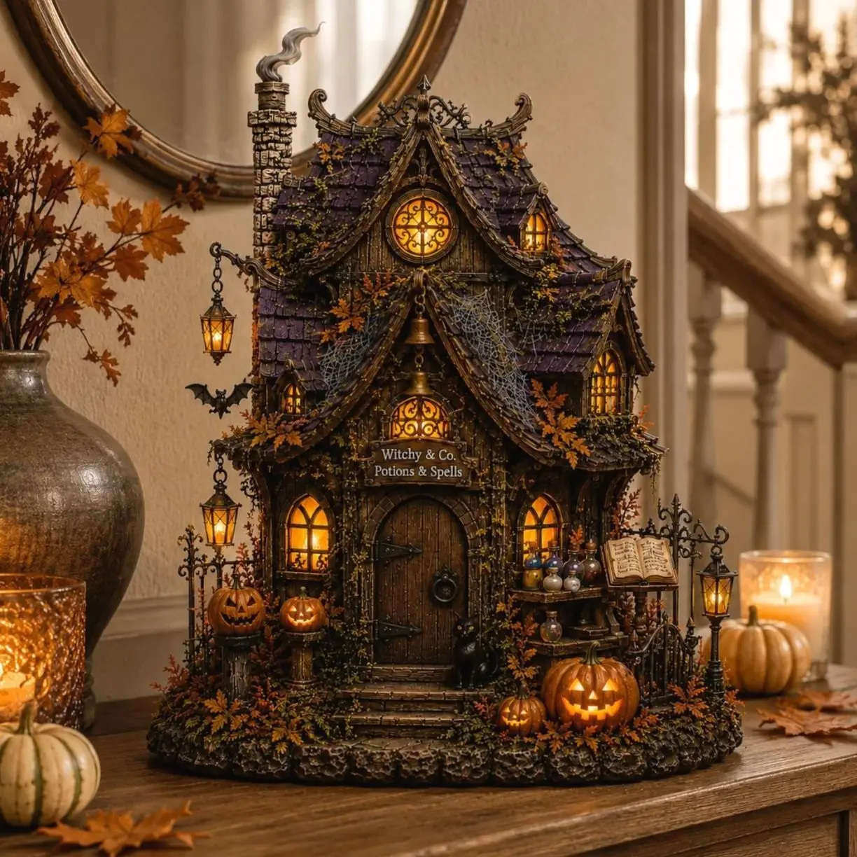 Custom Witch House Halloween Decor, Spooky Haunted Cottage Figurine, Lighted Pumpkin Bat Tabletop Display, Rustic Fall Mantel Gift For Home