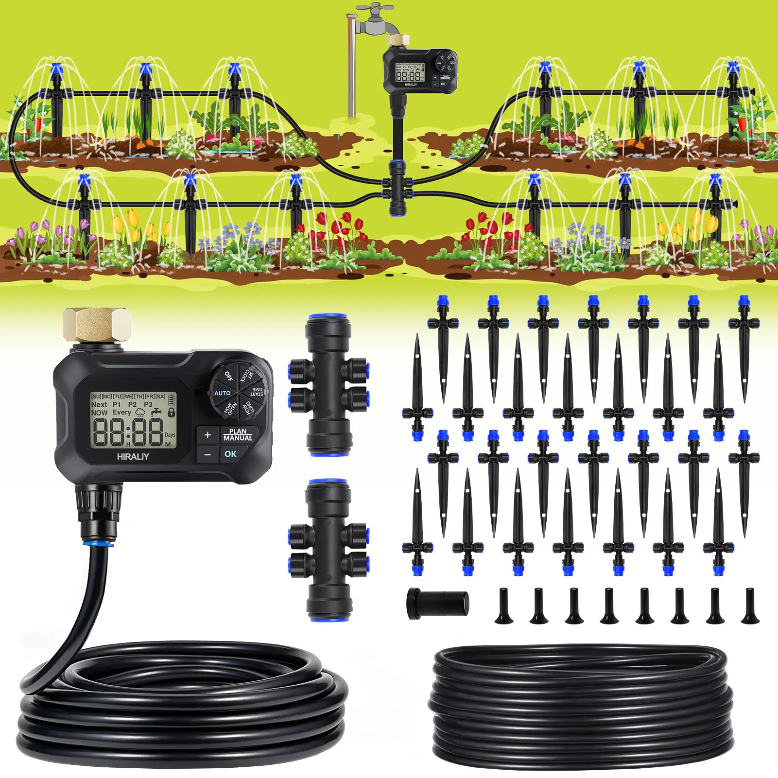 HIRALIY Automatic Drip Irrigation Kits with Water Timer, Quick Connector Garden Watering System with Easy Programmable Hose Timer, Outdoor Watering