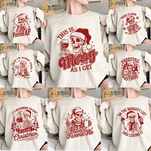 [Xmas] Funny Skeleton Christmas Sweatshirt, 100% Cotton, Retro Vintage Holiday Crewneck, Humorous Santa Skeleton Graphic Sweatshirt, Unisex Ugly Christmas Sweater, Festive Cozy Winter Sweatshirt for Men and Women
