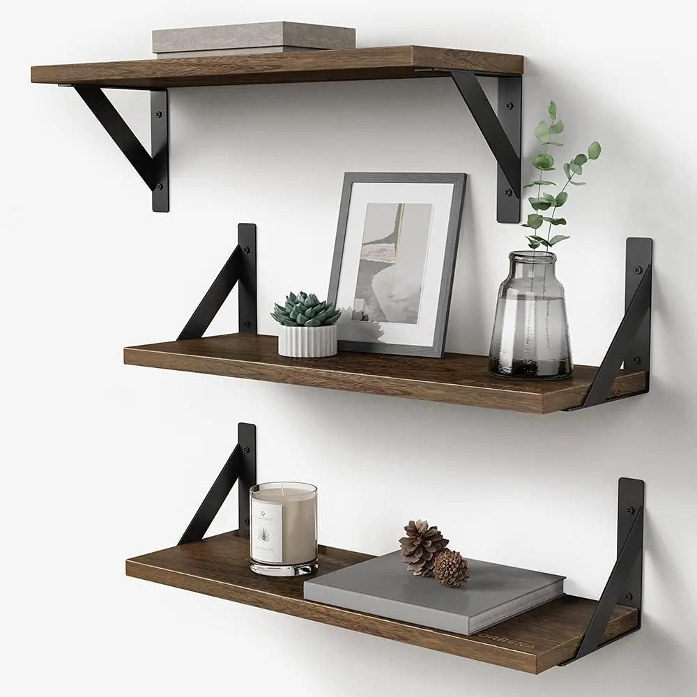 Forbena Rustic Floating Book Shelves for Wall Set of 3, 17 Inch Wood Wall Bookshelf for Bedroom, Wooden Wall Mounted Hanging Shelf for Office Living Room...