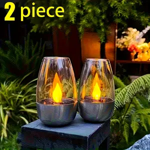 2 Pack Solar Powered Flickering Candles Warm Light Auto On Off Flame Effect Battery Free Outdoor Indoor Decorative Lighting for Birthday Wedding Christmas Party Garden Patio