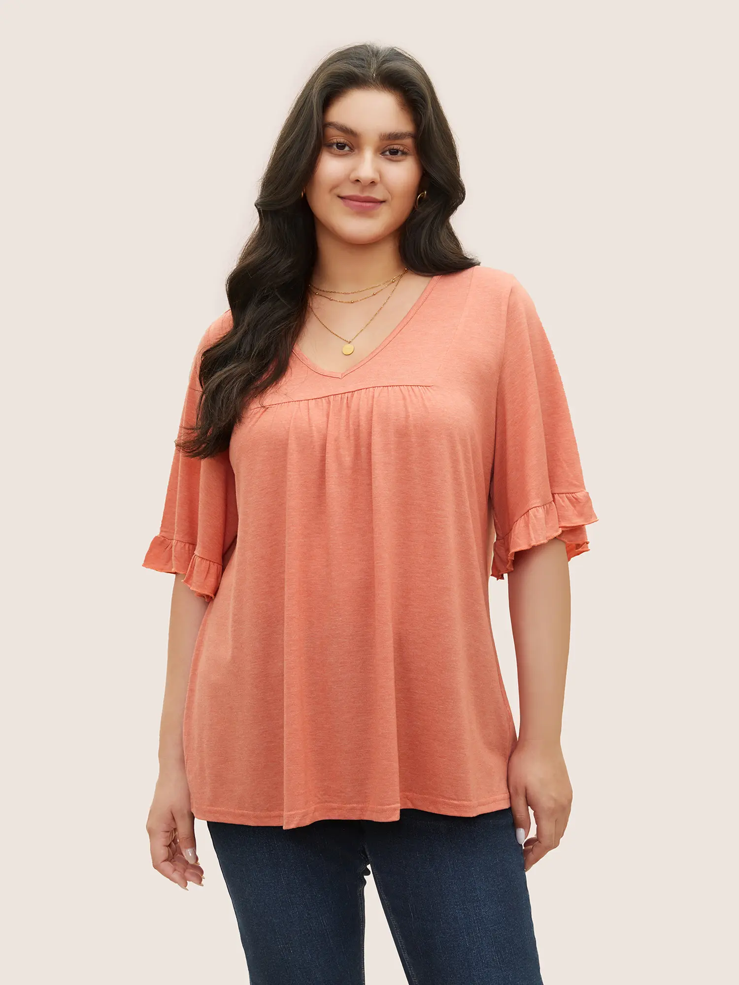 BLOOMCHIC Women's Plus Size Basic T-shirt - Elegant Solid Gathered Ruffle Trim Flounce Sleeve Tiered Style Casual Everyday Top for [M-6X] 2026 Summer Vibes Fit Top Swimweek,Summerfinds  Fit Top,Summerfinds