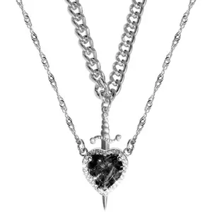Personality Red Zircon Love Heart Dagger Pendant Necklace for Women Jewelry Gothic Sword Layered Necklace for Couple