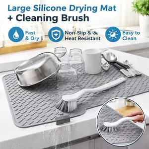 Silicone Dish Drying Mat 23”x17” – Food Grade, Heat Resistant, Non-Slip Drain Pad with Built-in Drain – Easy Clean, Countertop Protector – Gray