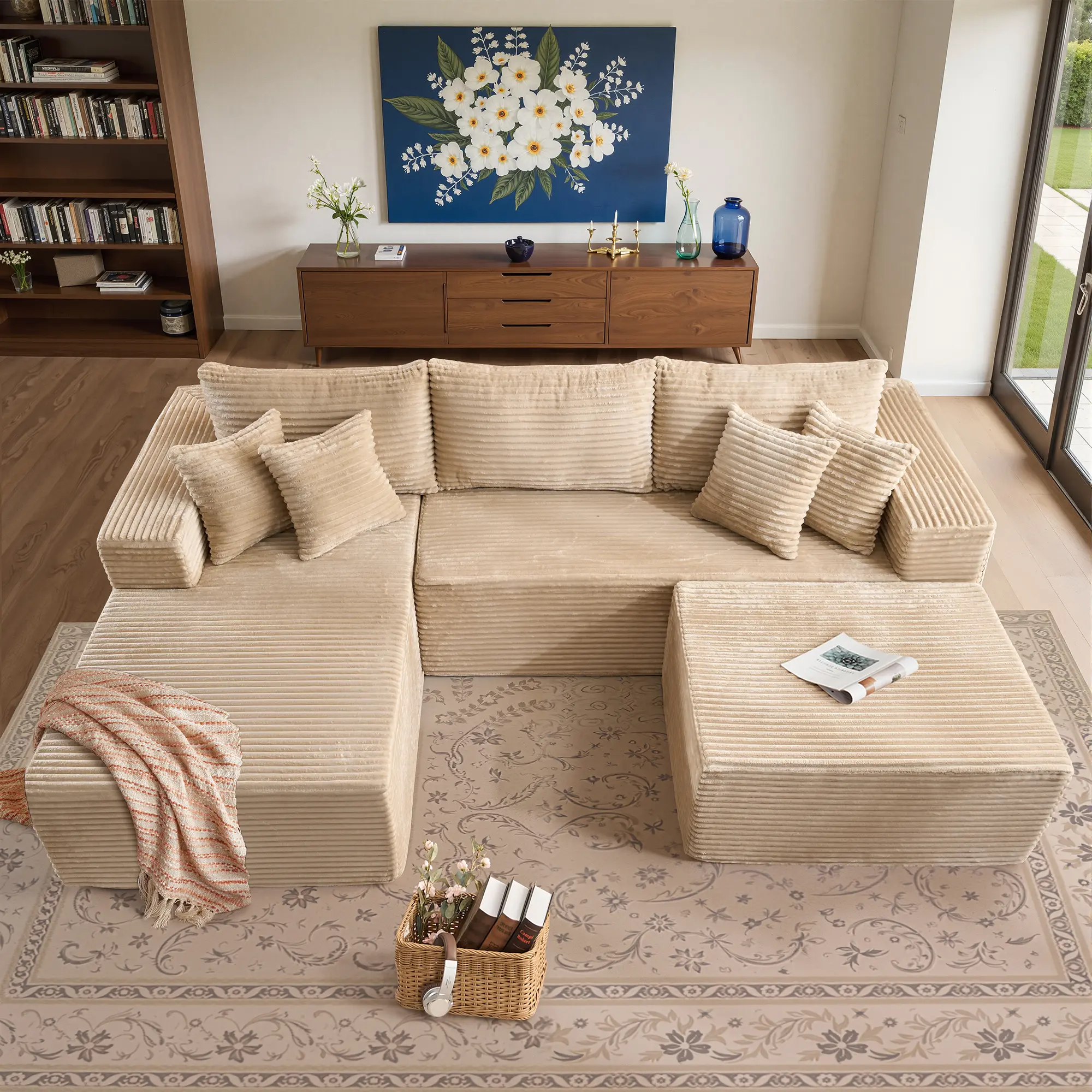 Beige Left Chaise With Ottoman