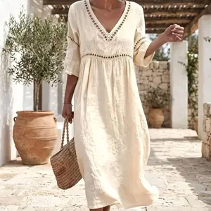 Boho-Inspired Linen-Look Midi Dress, Women's Hooded Harem Romper, V-Neck Loose Fit Sleeveless Jumpsuit, Oversized Summer Playsuit AAU VWO