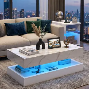 47.2" Large LED Coffee Table White MDF, Marble Finish, 2-Tier Design with 2 Drawers & Hidden LED Lights, USB/DC Power for Home Living Room