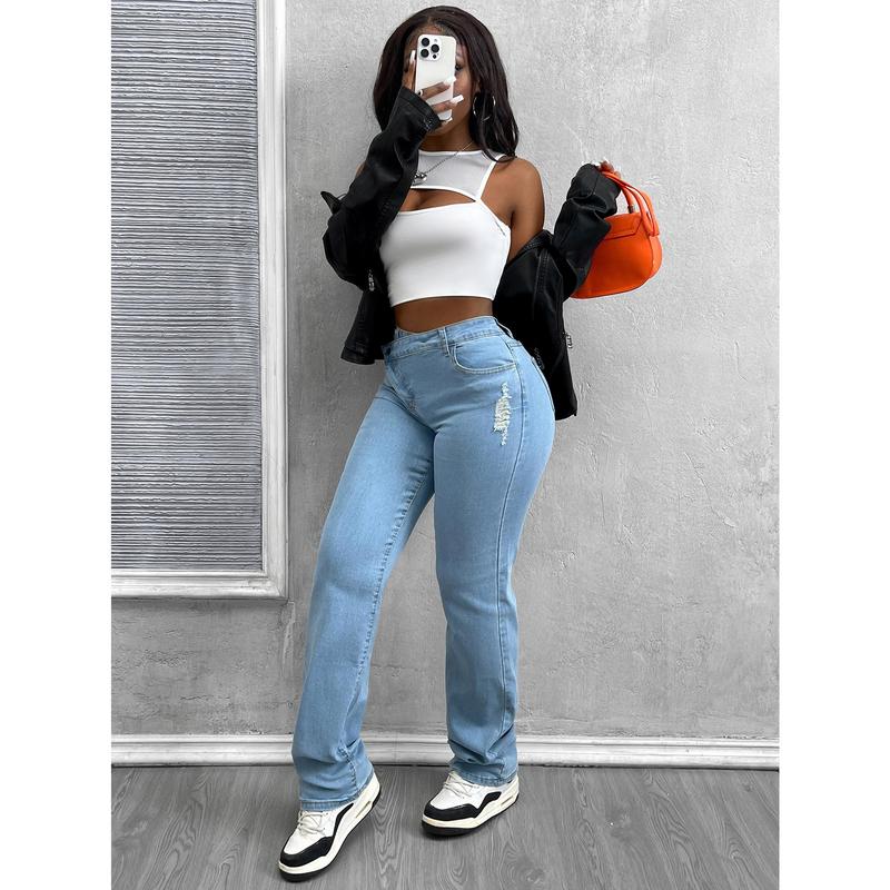 Light Wash High Waisted Asymmetrical Button Wide Leg Jeans for Women - Retro Denim Pants with Y2K Style