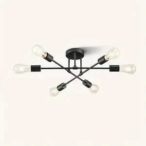Six-head chandelier, industrial style semi-recessed ceiling chandelier with E26 bulb base, suitable for kitchen, living room, bedroom, corridor, lobby (bulb not included) 1PCS Decor Black lamp night light lights bedroom chandelier