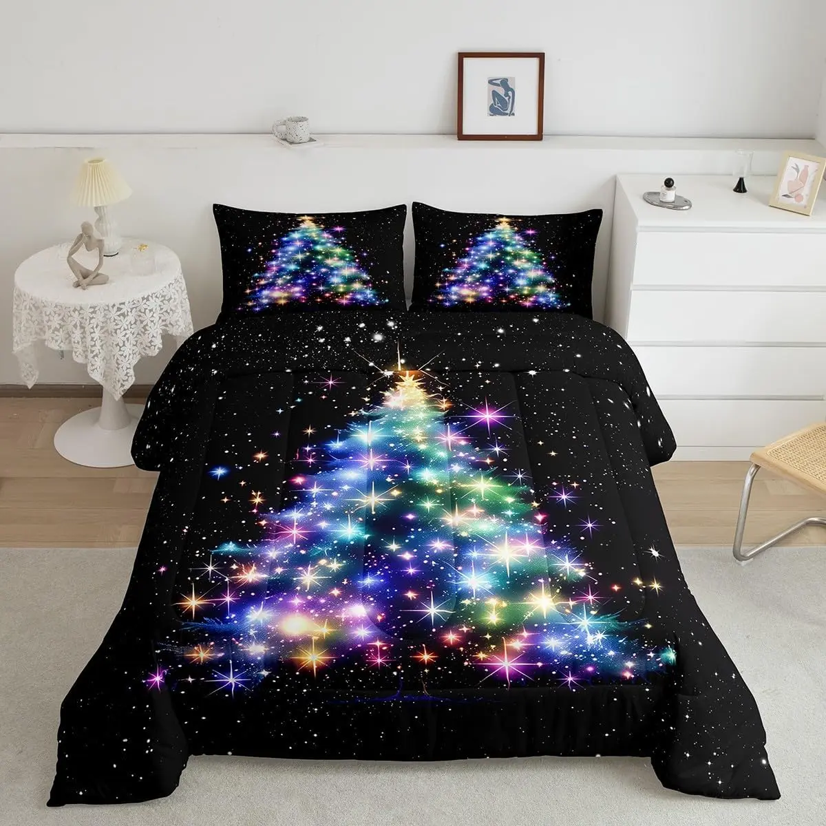 Feelyou Galaxy Tree Print Glitter Christmas Tree Comforter Set - Breathable Microfiber, Soft Texture, Multi-Size Black Bedding Sets for Bedroom Christmas Bed Decor, Multi-Size Sets