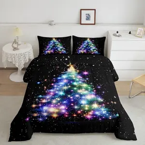 Feelyou Galaxy Tree Print Glitter Christmas Tree Comforter Set - Breathable Microfiber, Soft Texture, Multi-Size Black Bedding Sets for Bedroom Christmas Bed Decor, Multi-Size Sets