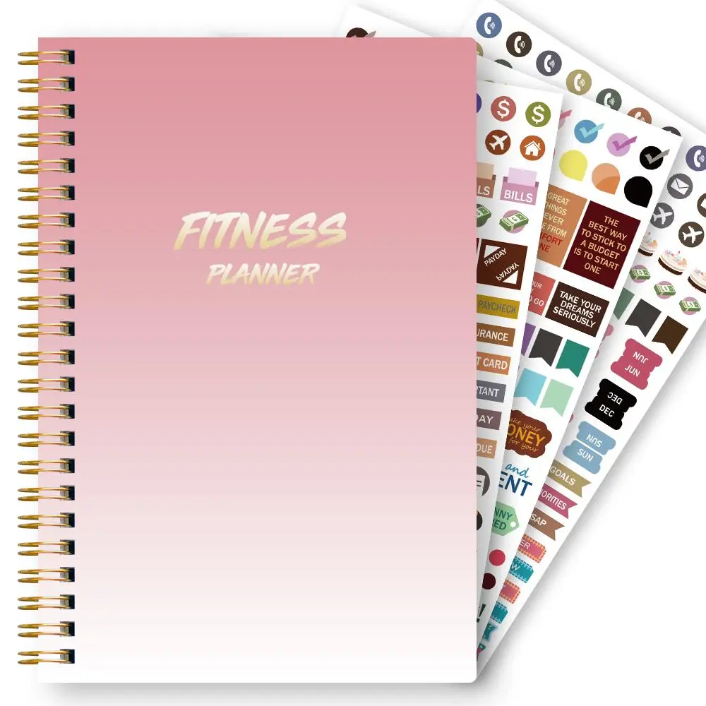 Fitness Planner, Spiral Bound Planner, 1 Count Fitness Planner with 3 Stickers, Training Log, Daily Health and Health Diary, Fitness Progress Tracker, Weight Loss Calendar, Planner Notebook, Calendars Planners, Workout Journal