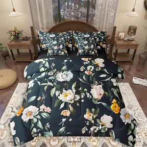 Black Floral Comforter Set,7 Piece Bed in A Bag,Vintage Flower Bedding Set,for Kids and Adults Dark Boho Comforter and Sheets Colorful Flowers Bed Set,Aesthetic Room Decor