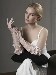 Long Sheer Bridal Gloves with Floral Appliques and Beaded Accents Vintage Style Wedding Gloves for Bridal Party Accessories