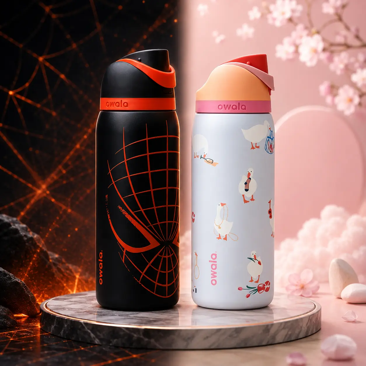 *Owala 32oz FreeSip Water Bottle Set, Silly Goose & Red Blue Web Hero Inspired Design, Stainless Steel Insulated Tumbler, Leakproof Sports Bottle