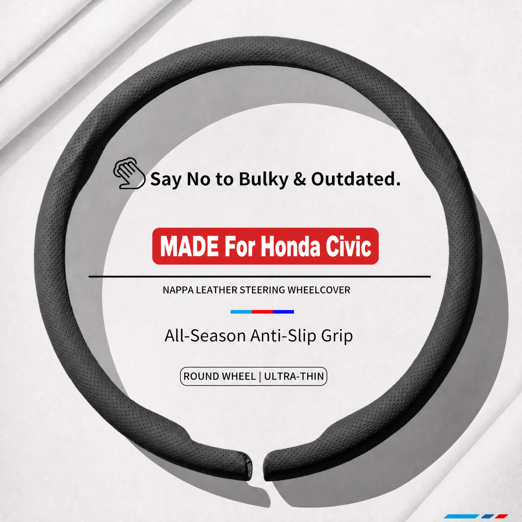 NAPPA Leather Steering Wheel Cover for Honda Civic, 8D Snap-On Breathable All-Season, Anti-Slip Full Wrap