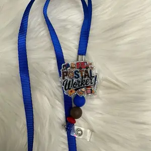 Postal Worker Badge Reel Lanyard with Blue Ribbon and Colorful Beads for Postal Workers