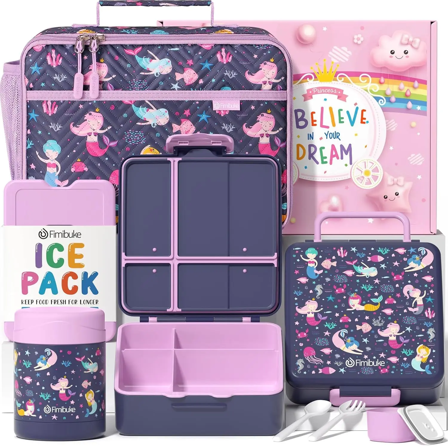 Kids Bento Snack Lunch Box with 4 Compartment, Insulated Lunch Bag, Stainless Steel Vacuum Thermo Food Jar, Ice Pack, Utensils Set, Birthday Gifts for Age 3-12 Back to School Toddler Girl Boy